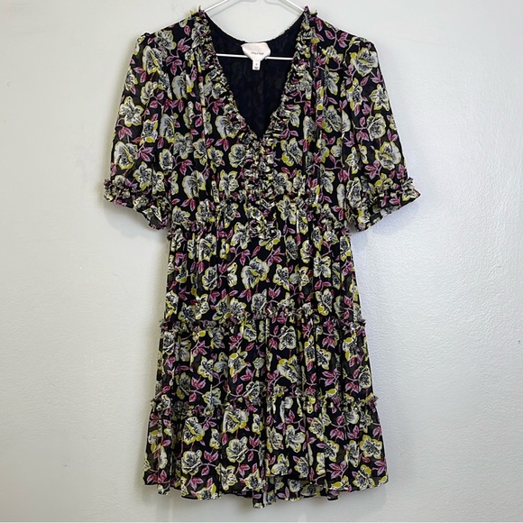 cinq a sept Dresses & Skirts - $365 Cinq a Sept Bkack Multifloral Tish Mini Dress Size 0 
ruffle trim